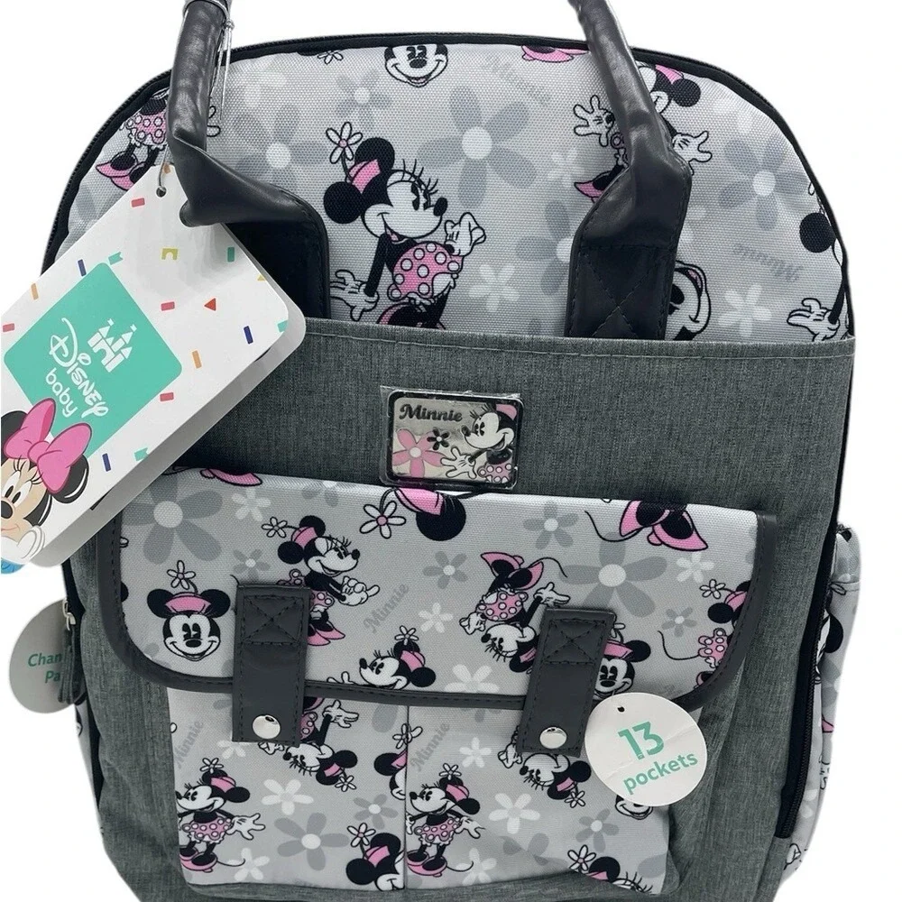 Disney Baby Minnie Mouse Diaper Bag‎ Backpack Grey 13 Pockets Stroller Loops NWT